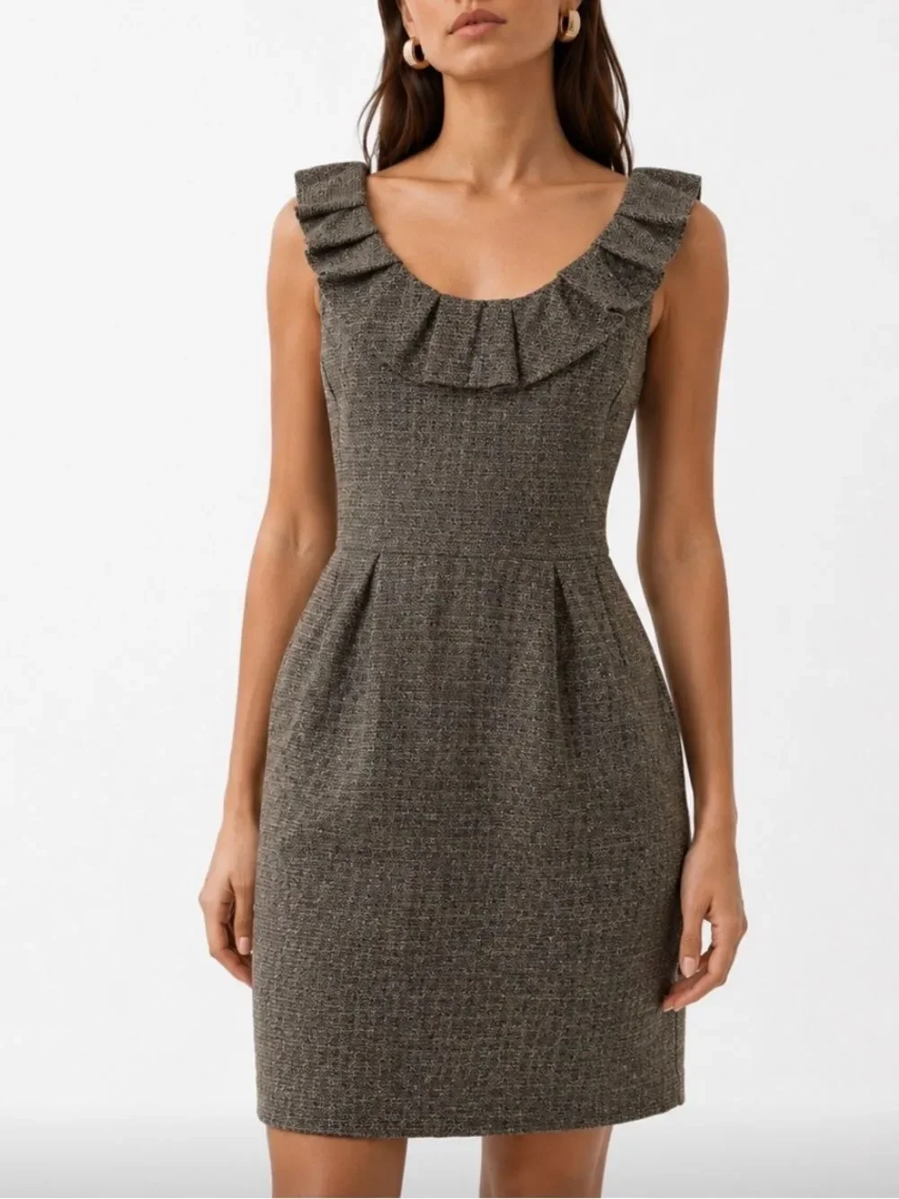 MICHAEL KORS Tweed Ruffle Neck Sheath Dress in Brown Size 10